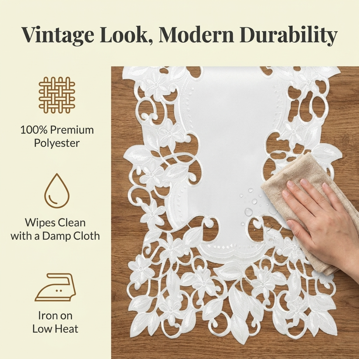 European Embroidered Table Runner – White Rustic Linen Decor 14x108 Inches
