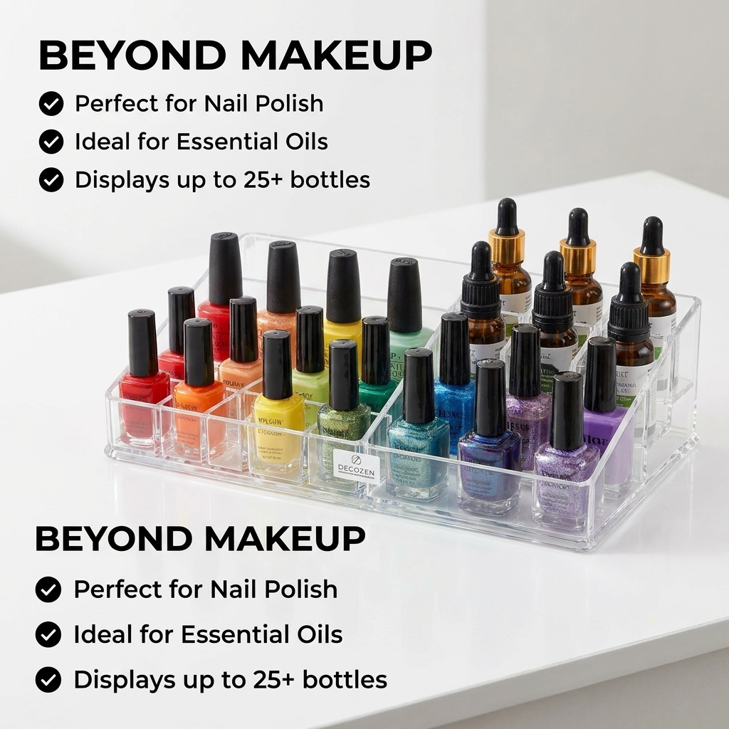 Clear Makeup Organizer - Acrylic Cosmetic Holder with 21 Slots & Lipstick Storage