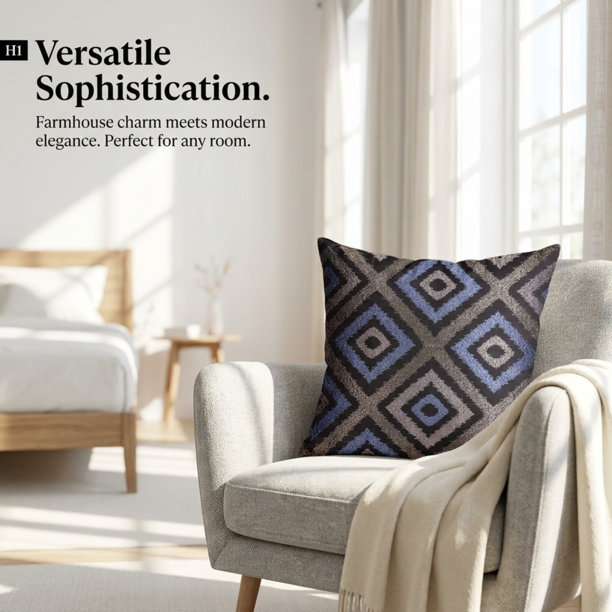 Blue Gray Pillow Covers - 20 x 20 Inch Throw Pillow Covers | Embroidered Linen Cushion