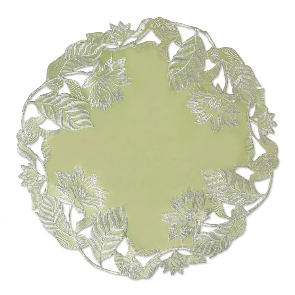 Linen Placemat Doilies - Light Green Round Embroidered Table Mats for Dining