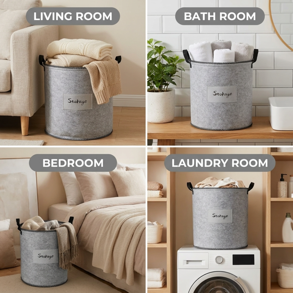 Felt Laundry Hamper - Gray Laundry Basket Set of 3 with Durable Fabric & Sturdy Handles