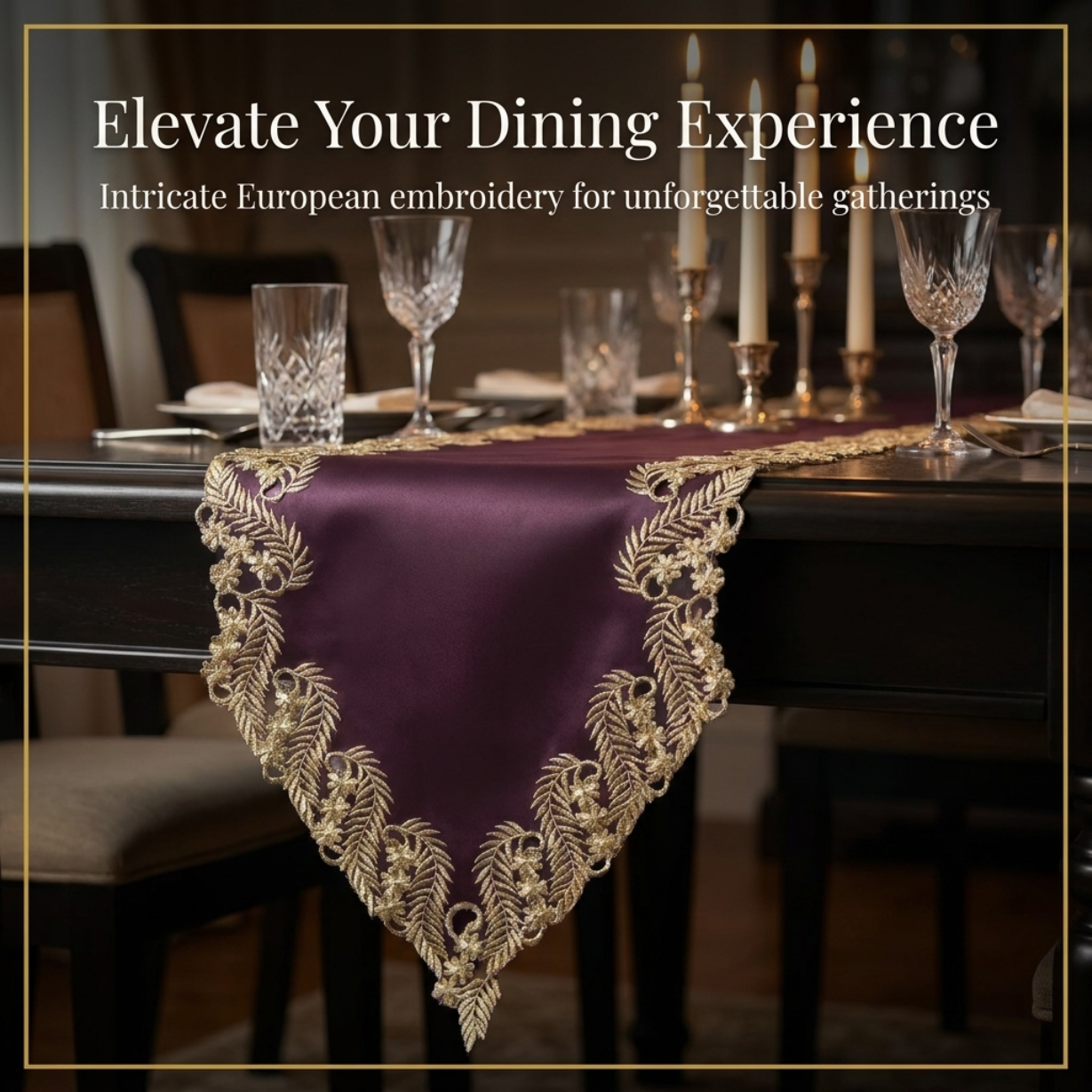 Plum Gold Table Runner – Anyce Collection Rustic Embroidered Linen Decor 14x108 Inch