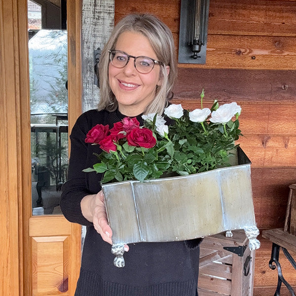 Aged Metal Footed Planters, Set of Two