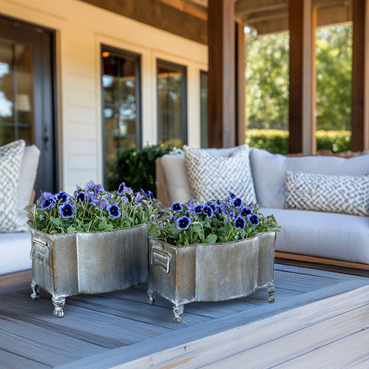 Aged Metal Footed Planters, Set of Two