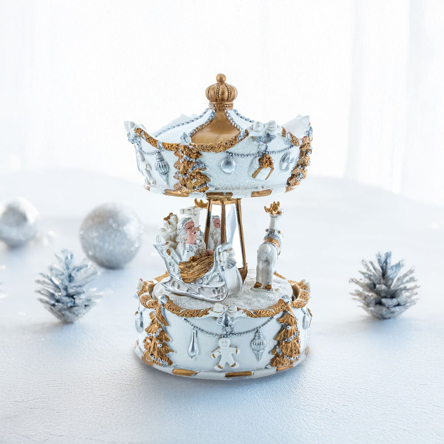 Santa's Reindeer Carousel: White Spinning Christmas Musical Box