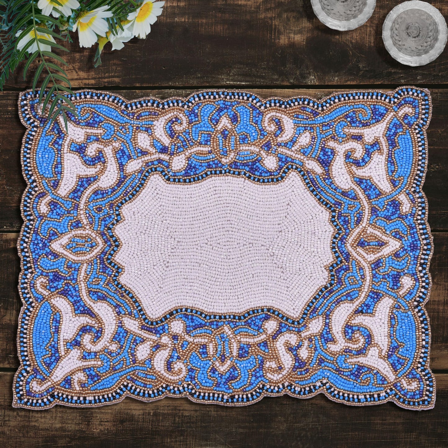 Beaded Placemats – Handmade Blue White Embroidered Dining Table Decor 12x16 Inch