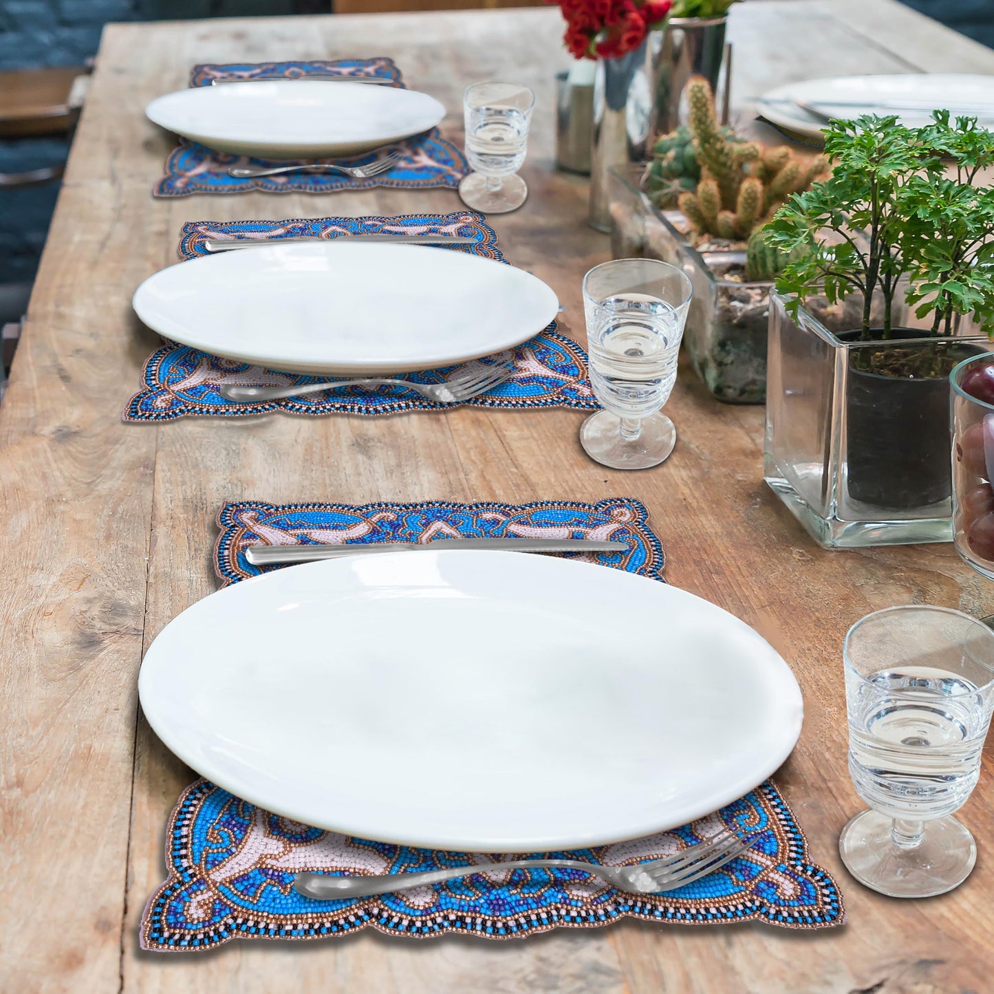 Beaded Placemats – Handmade Blue White Embroidered Dining Table Decor 12x16 Inch