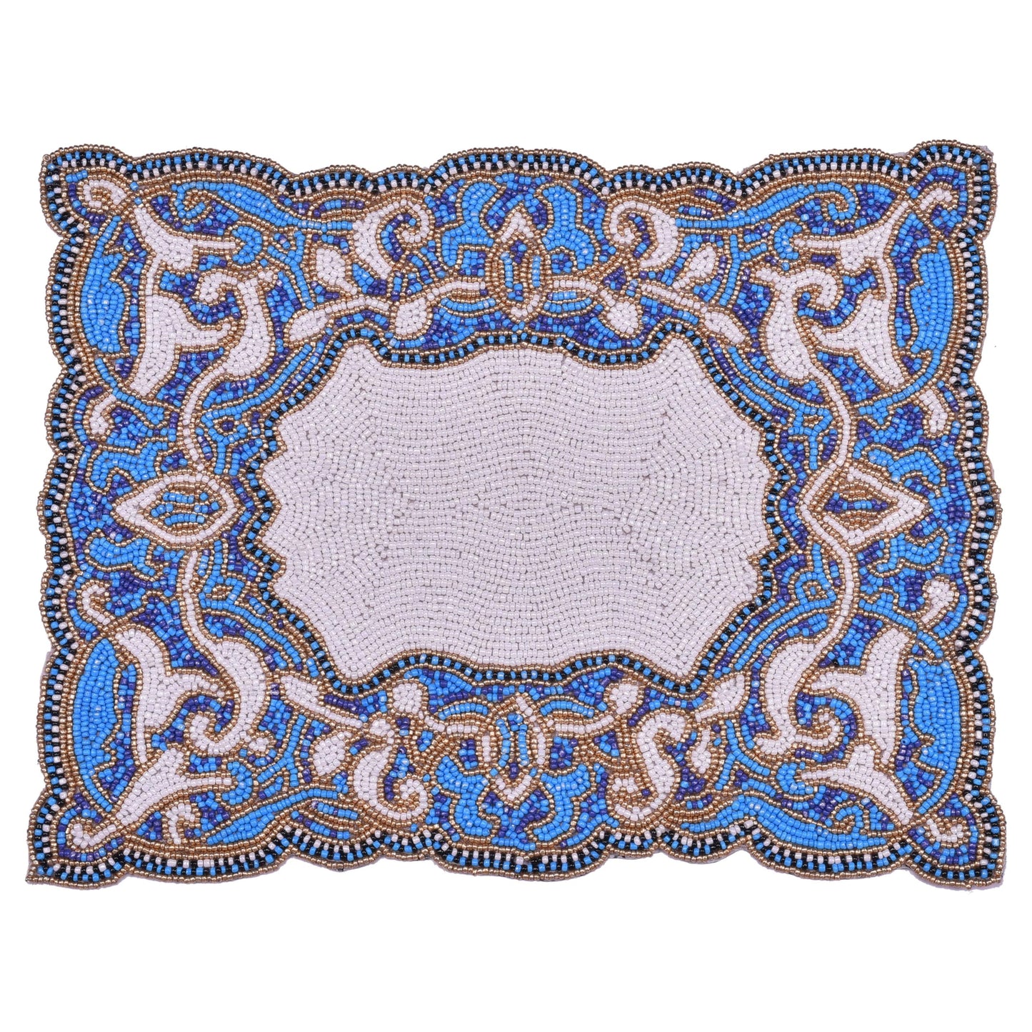 Beaded Placemats – Handmade Blue White Embroidered Dining Table Decor 12x16 Inch