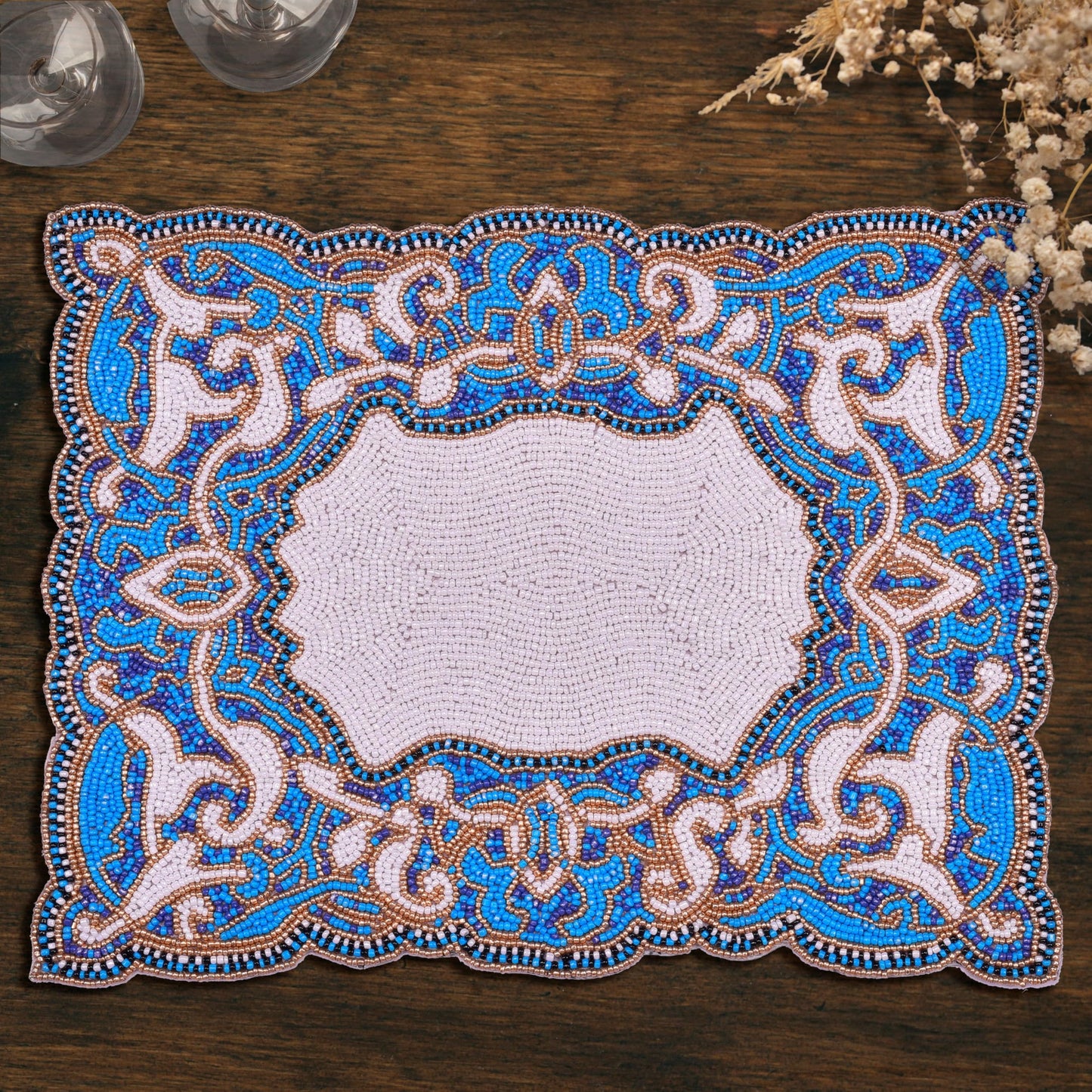Beaded Placemats – Handmade Blue White Embroidered Dining Table Decor 12x16 Inch