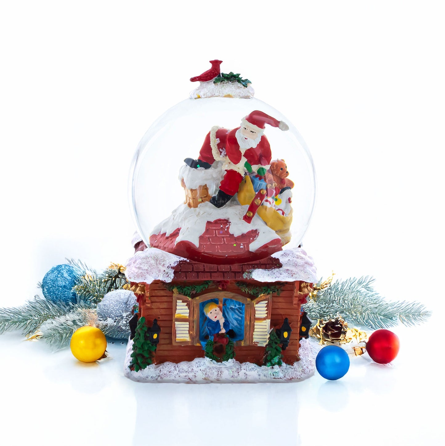 Santa with Christmas Gifts Chimney Journey Musical Water Snow Globe