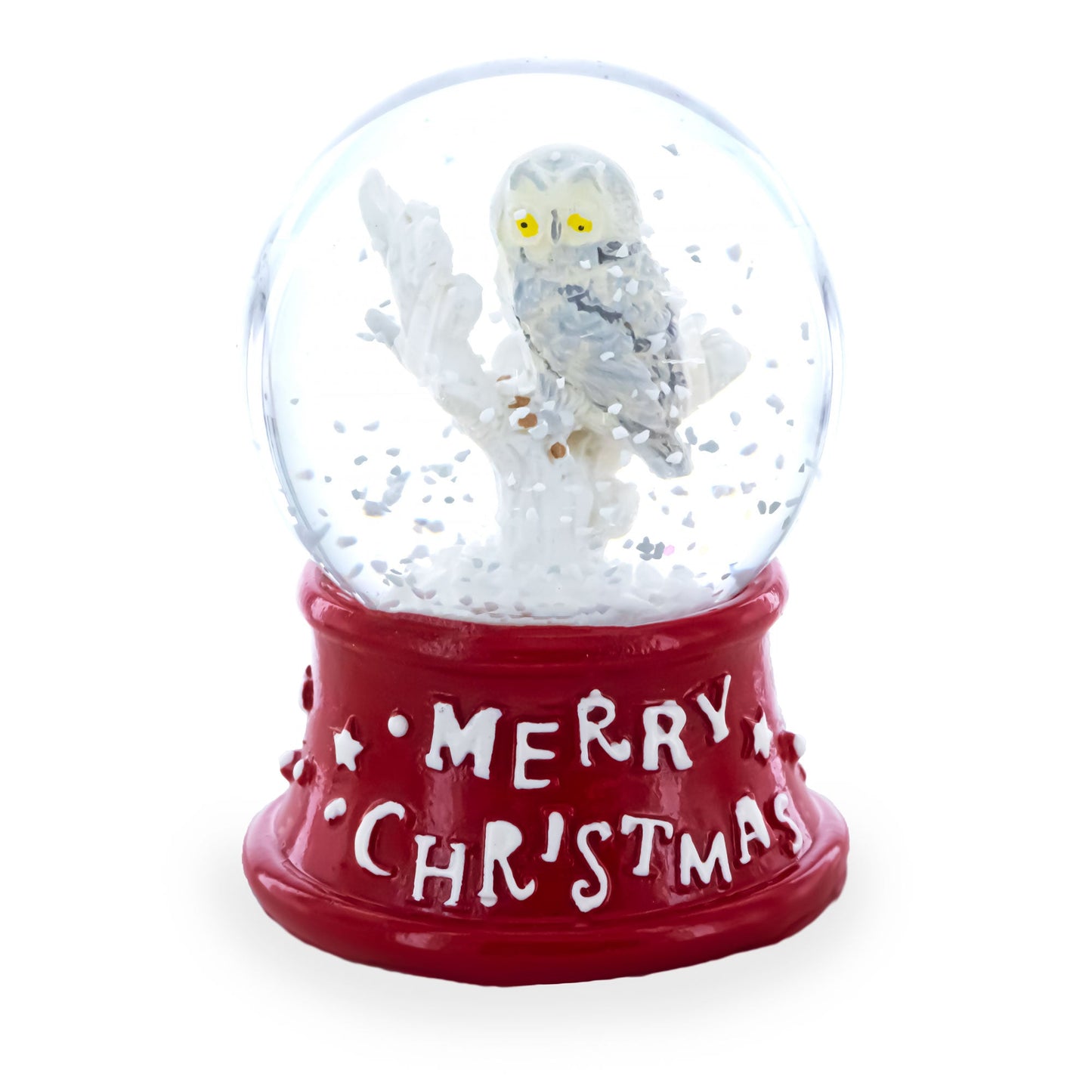 White Owl Perched on Red Base Mini Water Snow Globe