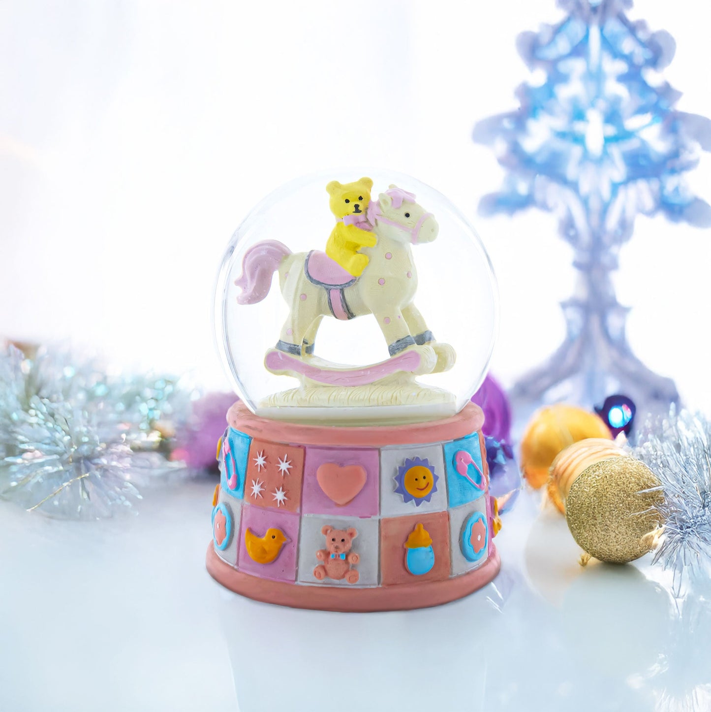 Lullaby Teddy on Rocking Horse Musical Water Snow Globe