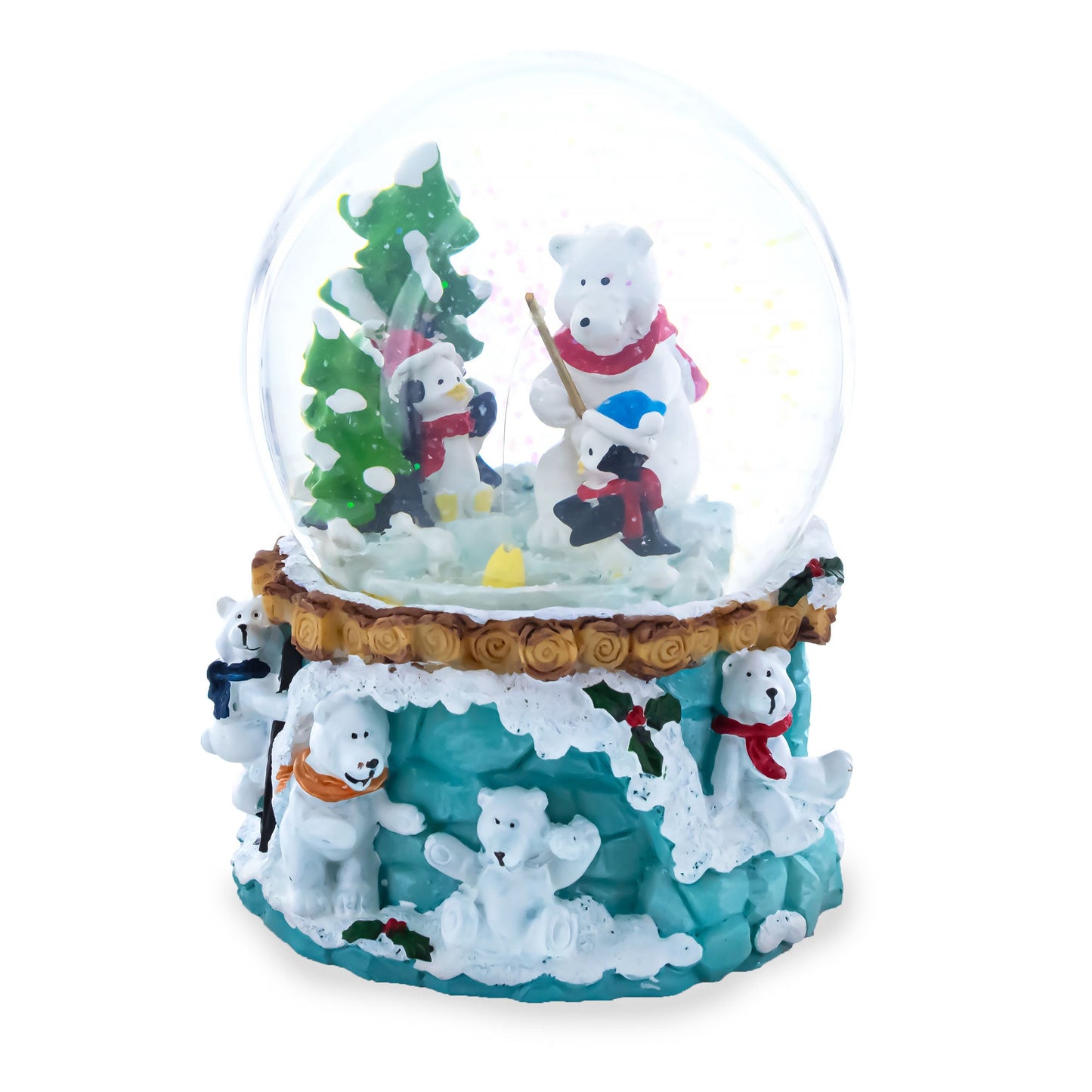 Bear and Penguins Fishing Musical Christmas Water Snow Globe