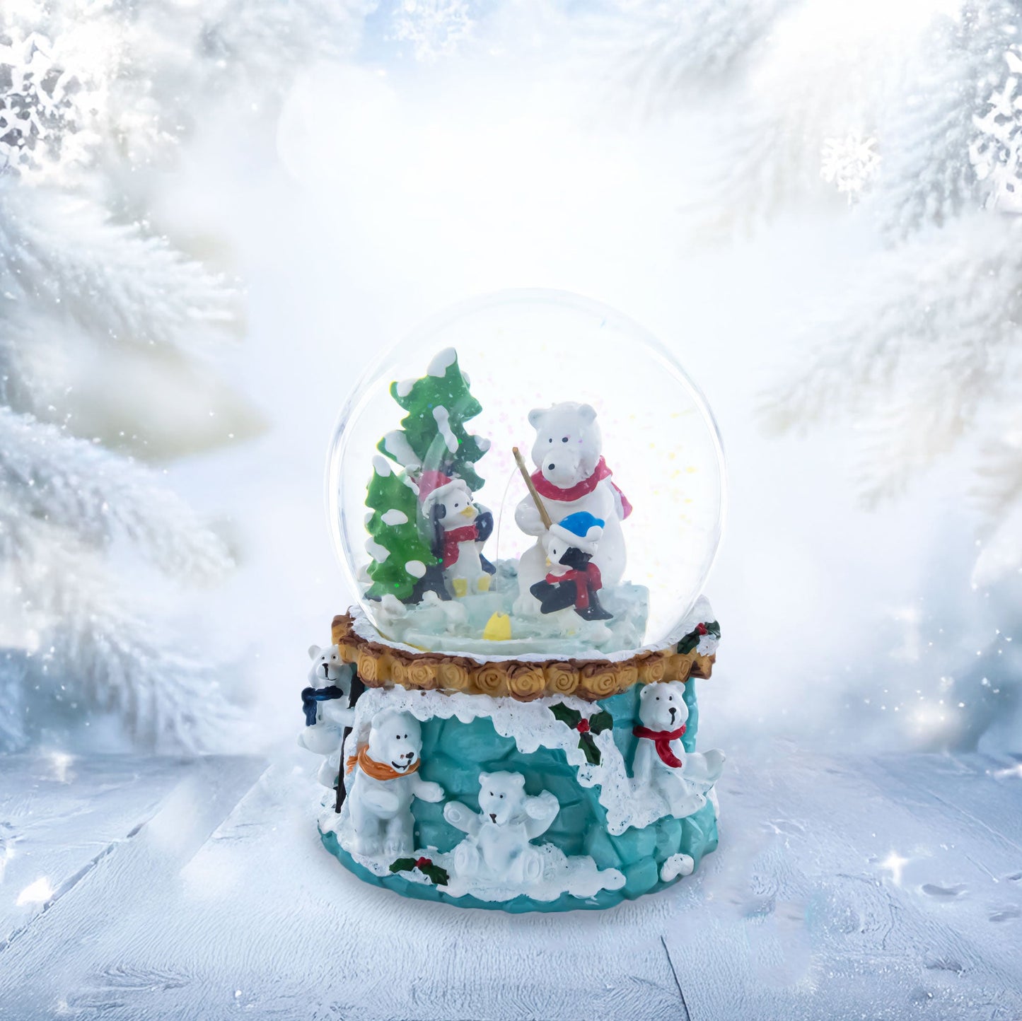 Bear and Penguins Fishing Musical Christmas Water Snow Globe