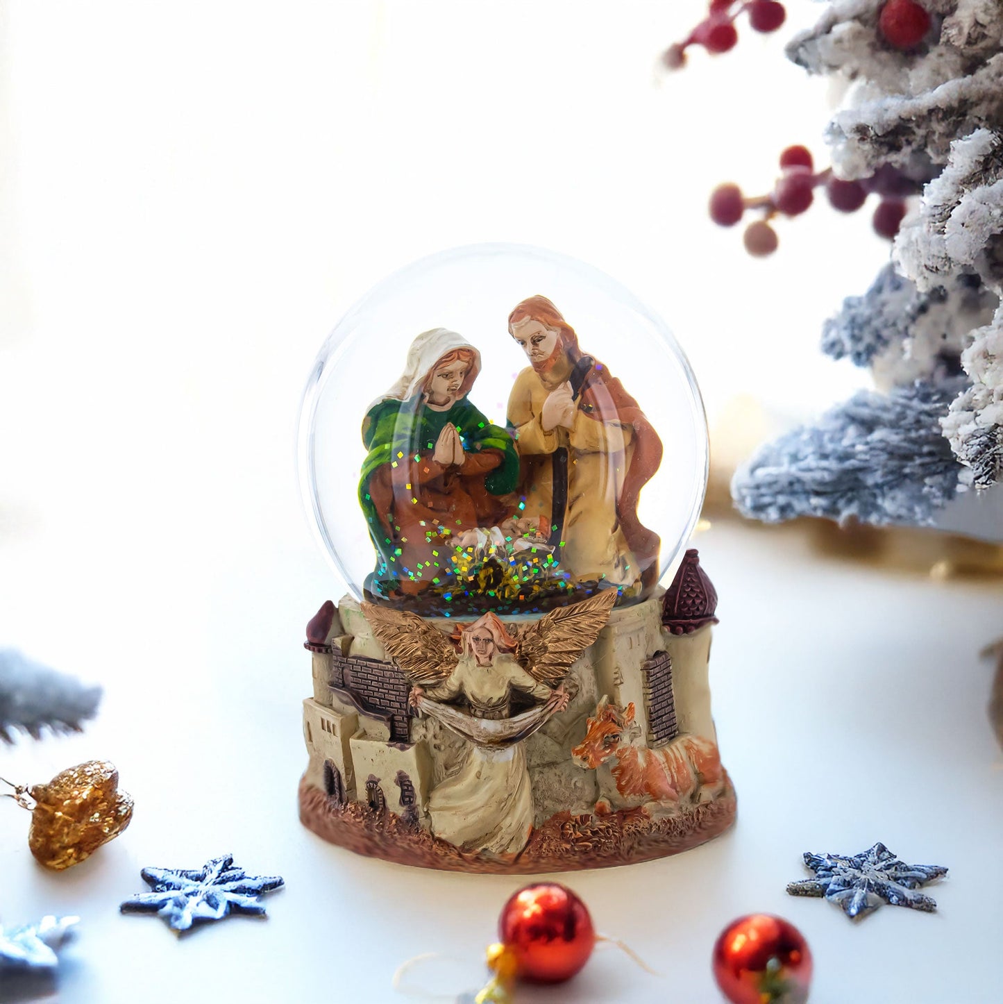 Nativity Scene and Divine Guardian Angel Musical Water Snow Globe