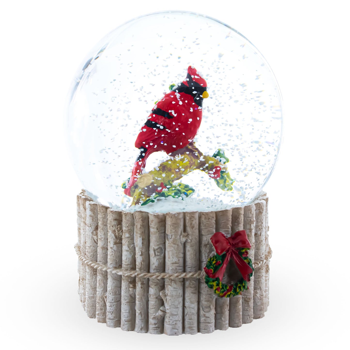 Red Cardinal on Birch Tree and Wreath Musical Water Globe