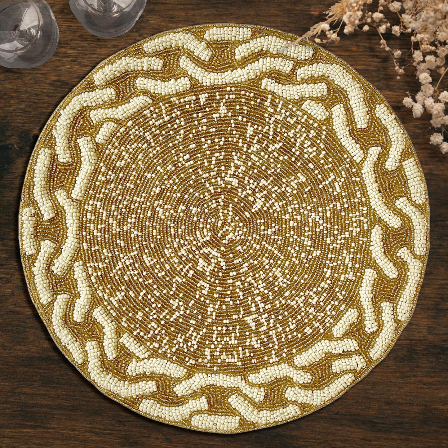 Beaded Placemats - Handmade Round Glass Bead Placemats with Satin Backing