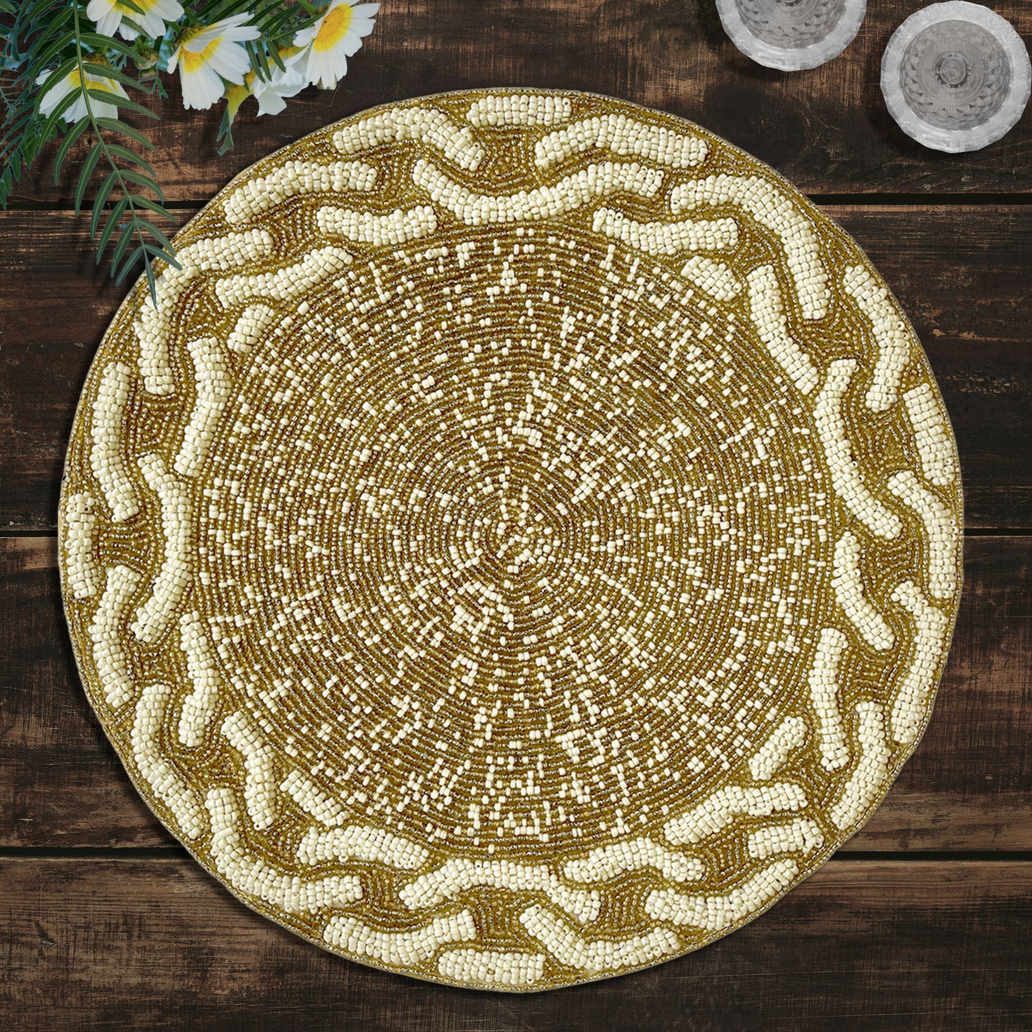 Beaded Placemats - Handmade Round Glass Bead Placemats with Satin Backing