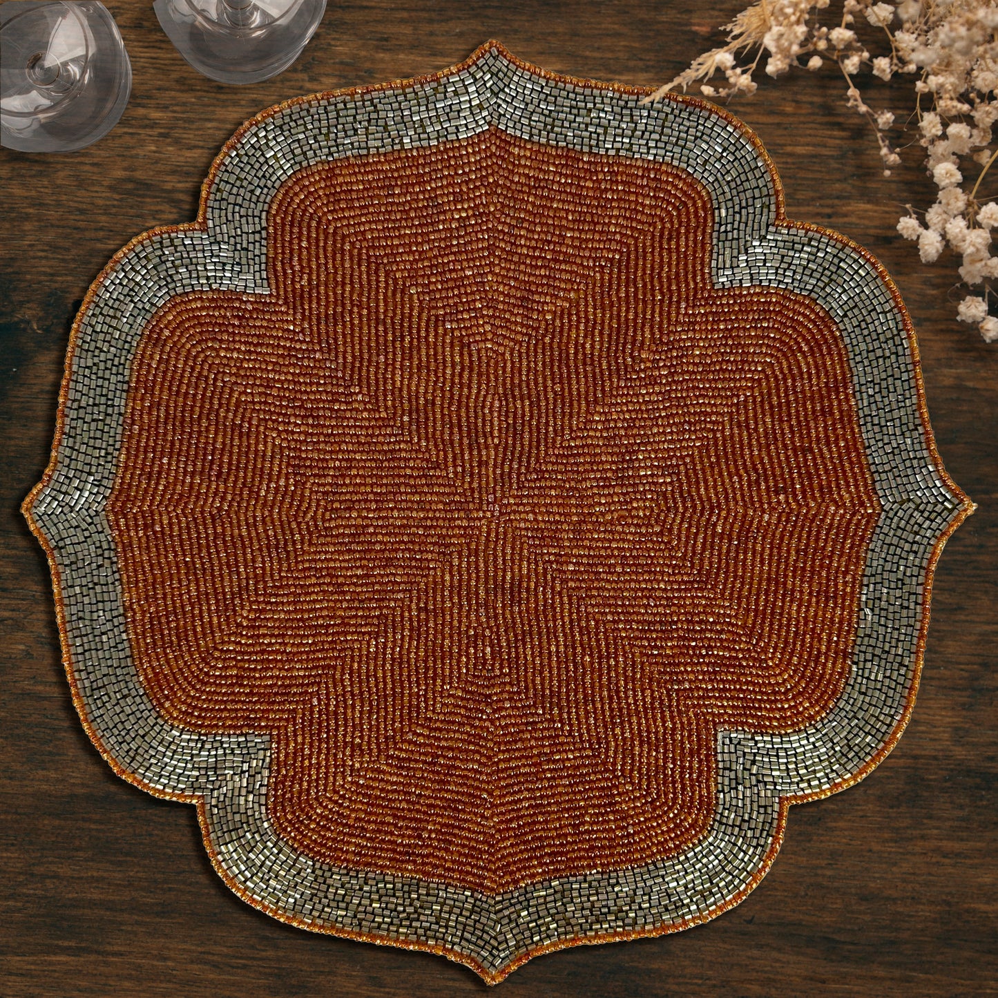 Beaded Placemats – Burnt Orange Silver Artisan Table Mats, Heat Resistant & Non Slip
