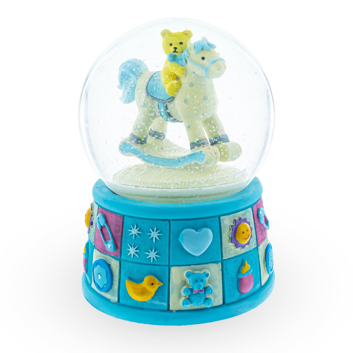 Teddy Bear on Rocking Horse Baby Boy Musical Water Snow Globe