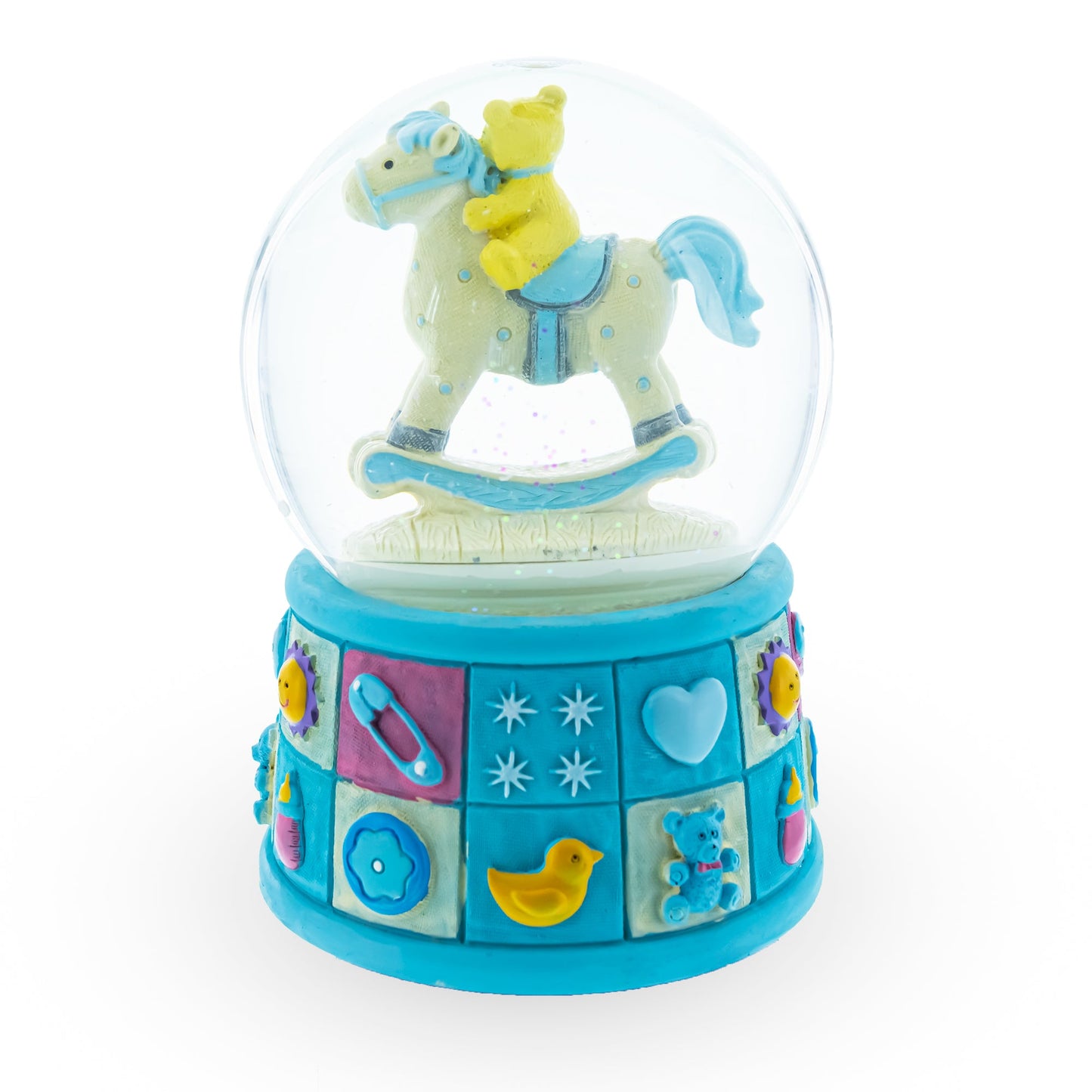 Teddy Bear on Rocking Horse Baby Boy Musical Water Snow Globe