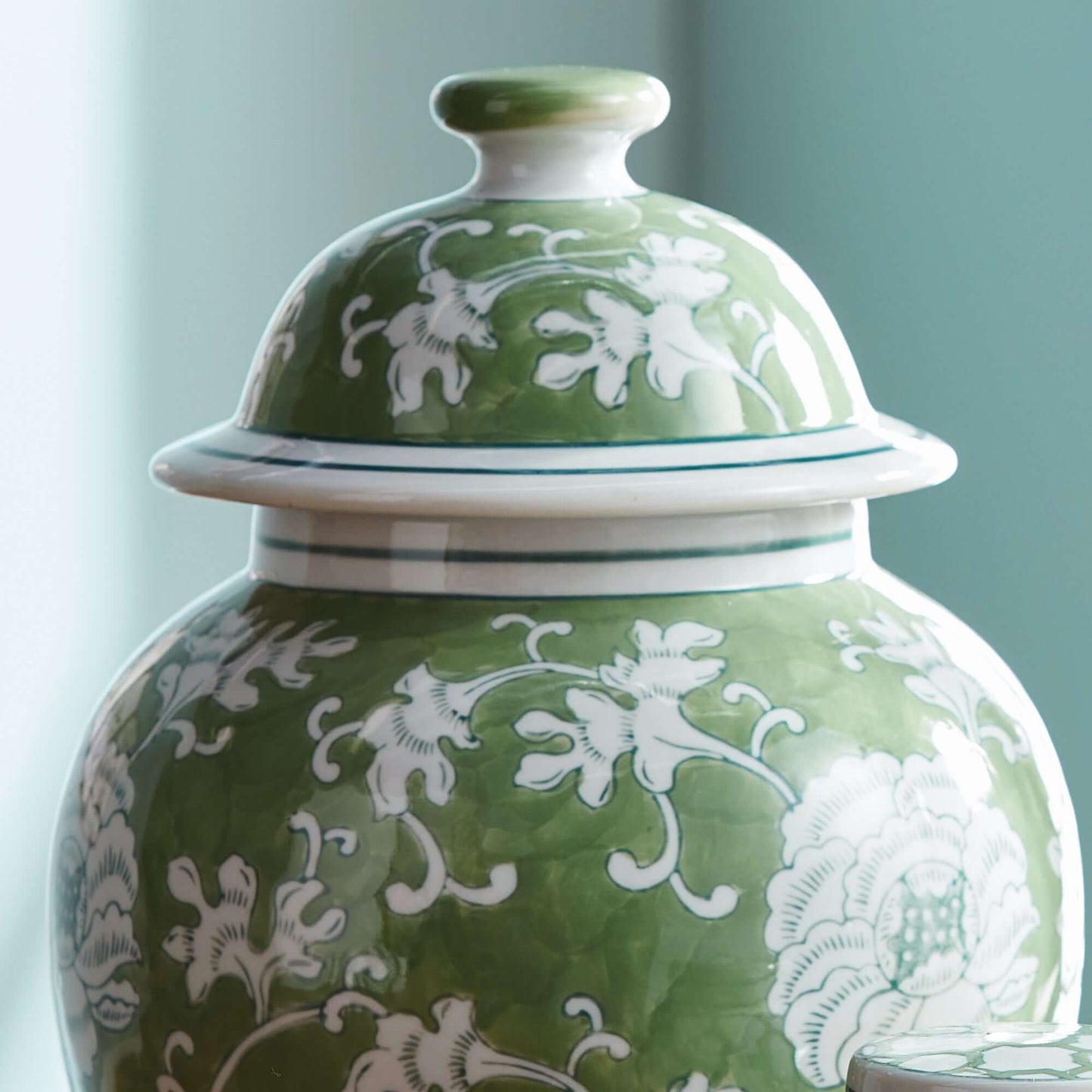 Porcelain Green Chinoiserie Lotus Ginger Jar with Lid