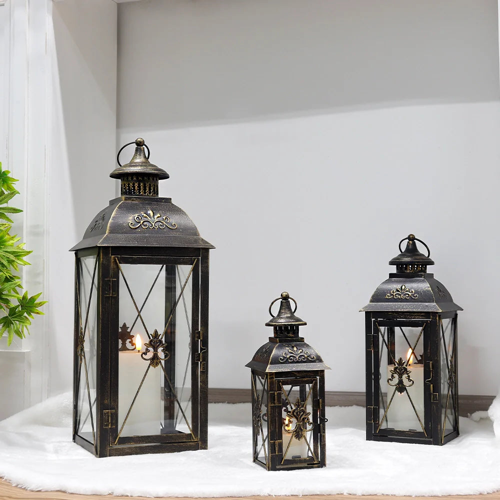 Set of 3- 19'' High Decorative Hanging Lantern Black 13.5'' & 9.5'' featuring retro charm and clear glass design.
