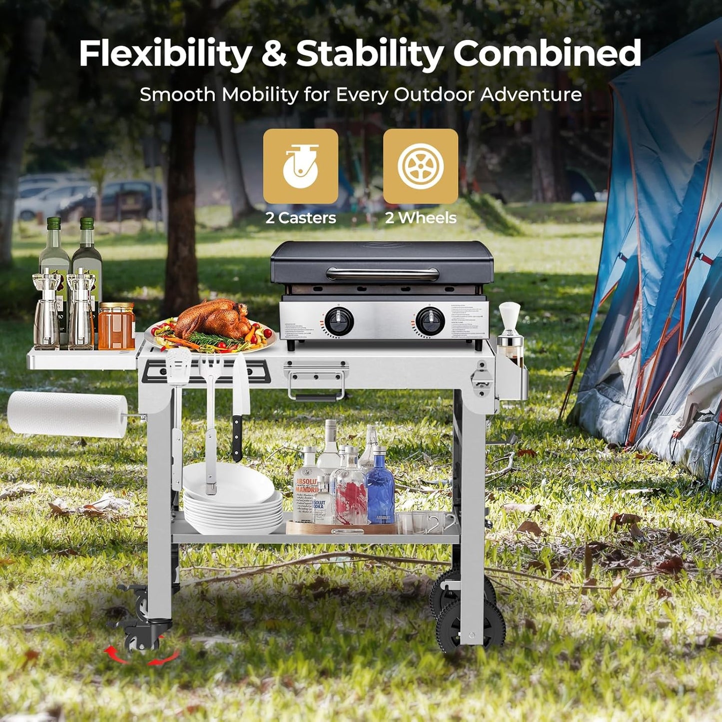 Portable Folding Grill Prep Table with Wheels, Stainless Steel BBQ Grill Stand for Camping, Tailgating and Outdoor Cooking T0130SA