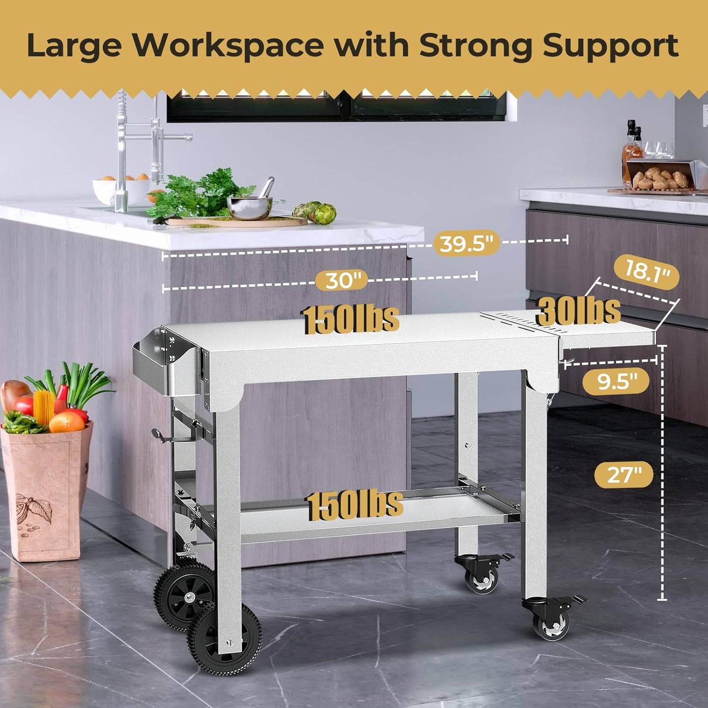 Portable Folding Grill Prep Table with Wheels, Stainless Steel BBQ Grill Stand for Camping, Tailgating and Outdoor Cooking T0130SA