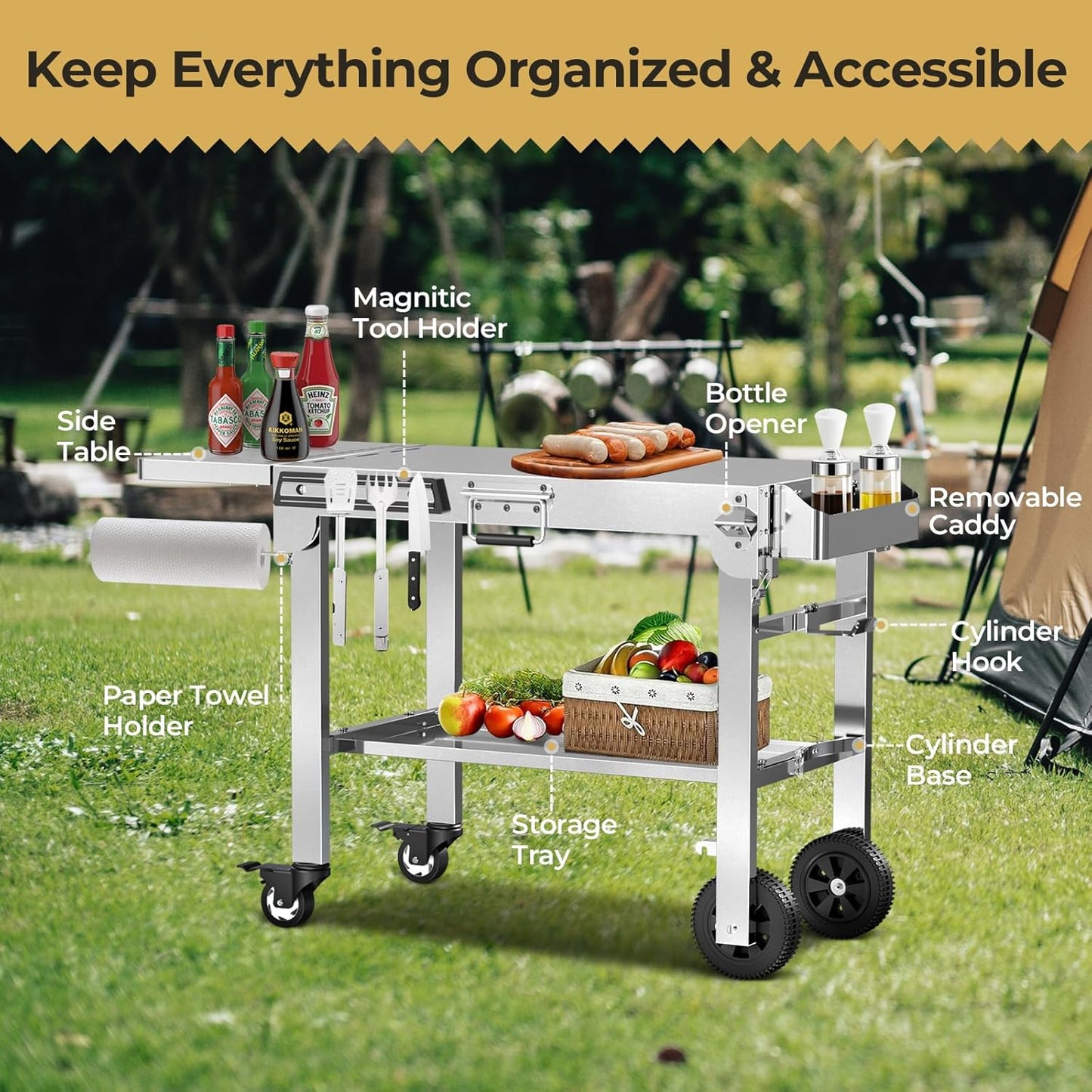 Portable Folding Grill Prep Table with Wheels, Stainless Steel BBQ Grill Stand for Camping, Tailgating and Outdoor Cooking T0130SA