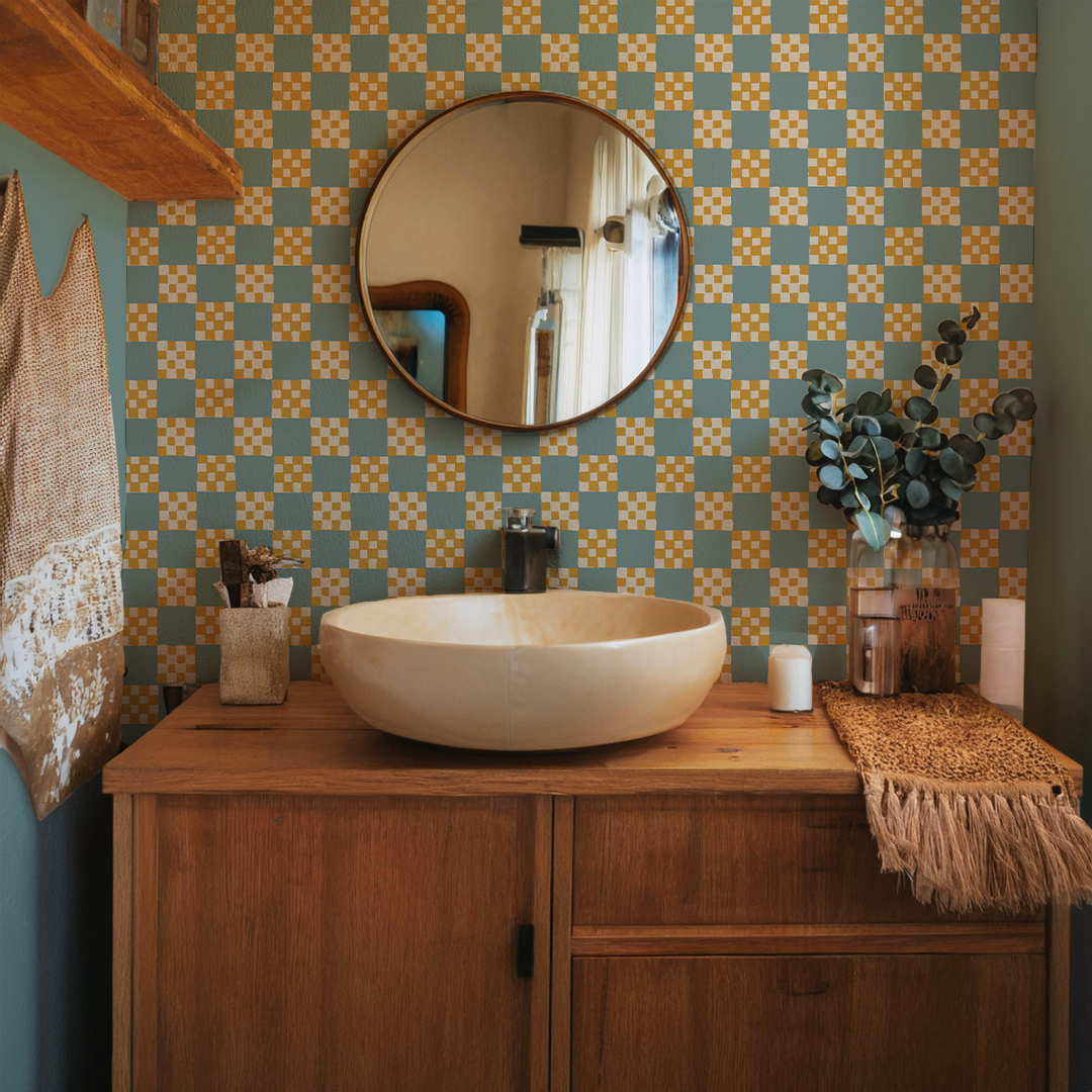 Checkered Quilt Wallpaper, light blue and yellow