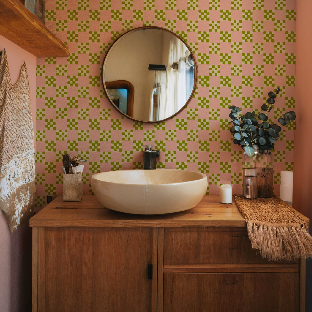 Checkered Quilt Wallpaper, pink, olive green and light beige