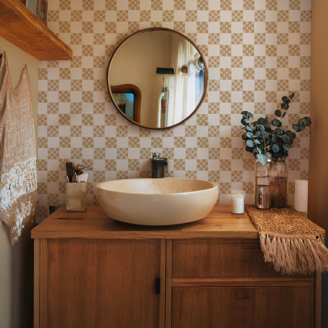 Checkered Quilt Wallpaper, tan and white