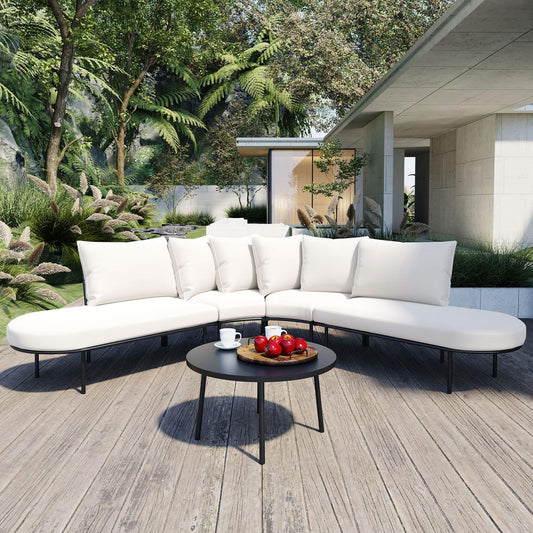 Premium Half- Moon 6-Person Curved All-Weather Outdoor Furniture Sofa Patio Set With Coffee Table And Cushions (SAK76332)