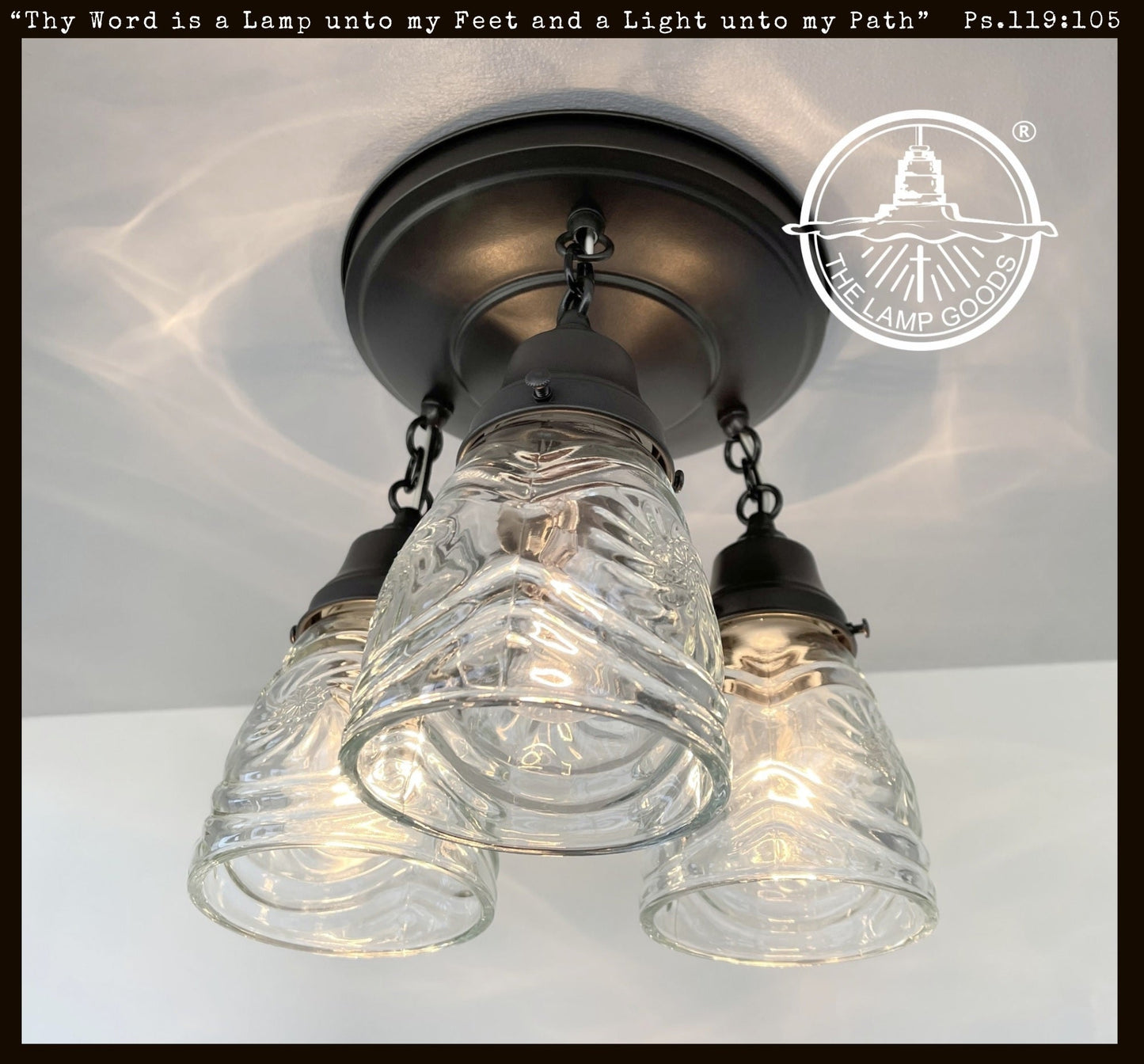 Pressed 1960's Glass Ceiling Light diamond Chain Trio