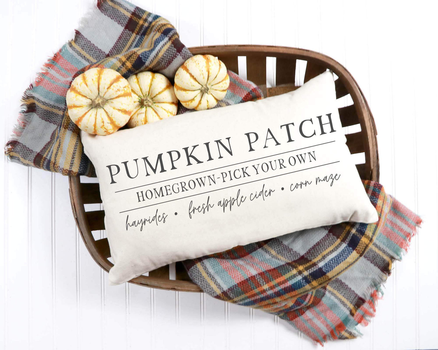 Pumpkin Patch Pillow Cover 12x20 inch with decorative pumpkins in a basket, cozy fall decor for home.