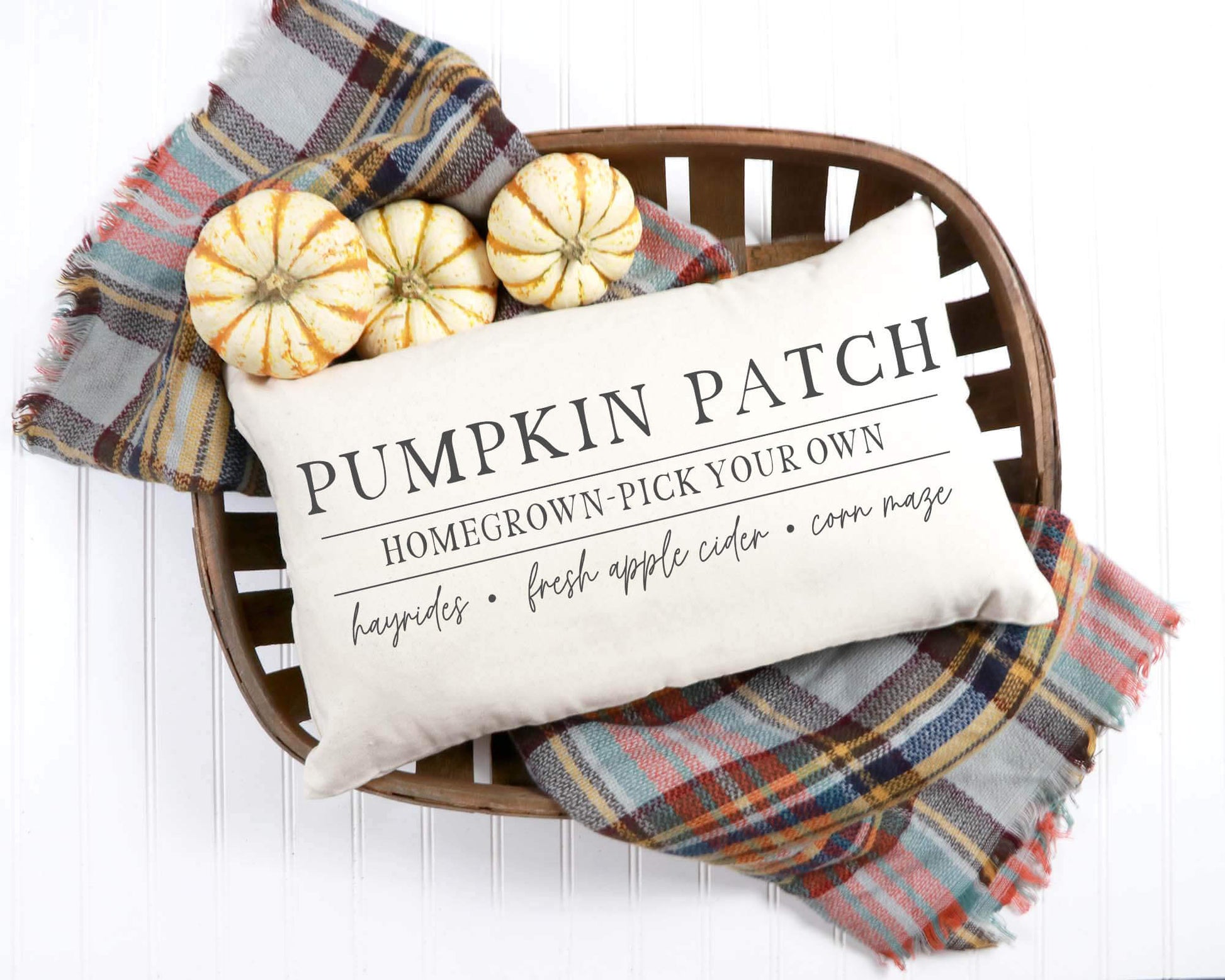Pumpkin Patch Pillow Cover 12x20 inch with decorative pumpkins in a basket, cozy fall decor for home.