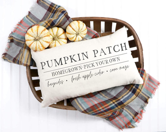 Pumpkin Patch Pillow Cover 12x20 inch with decorative pumpkins in a basket, cozy fall decor for home.