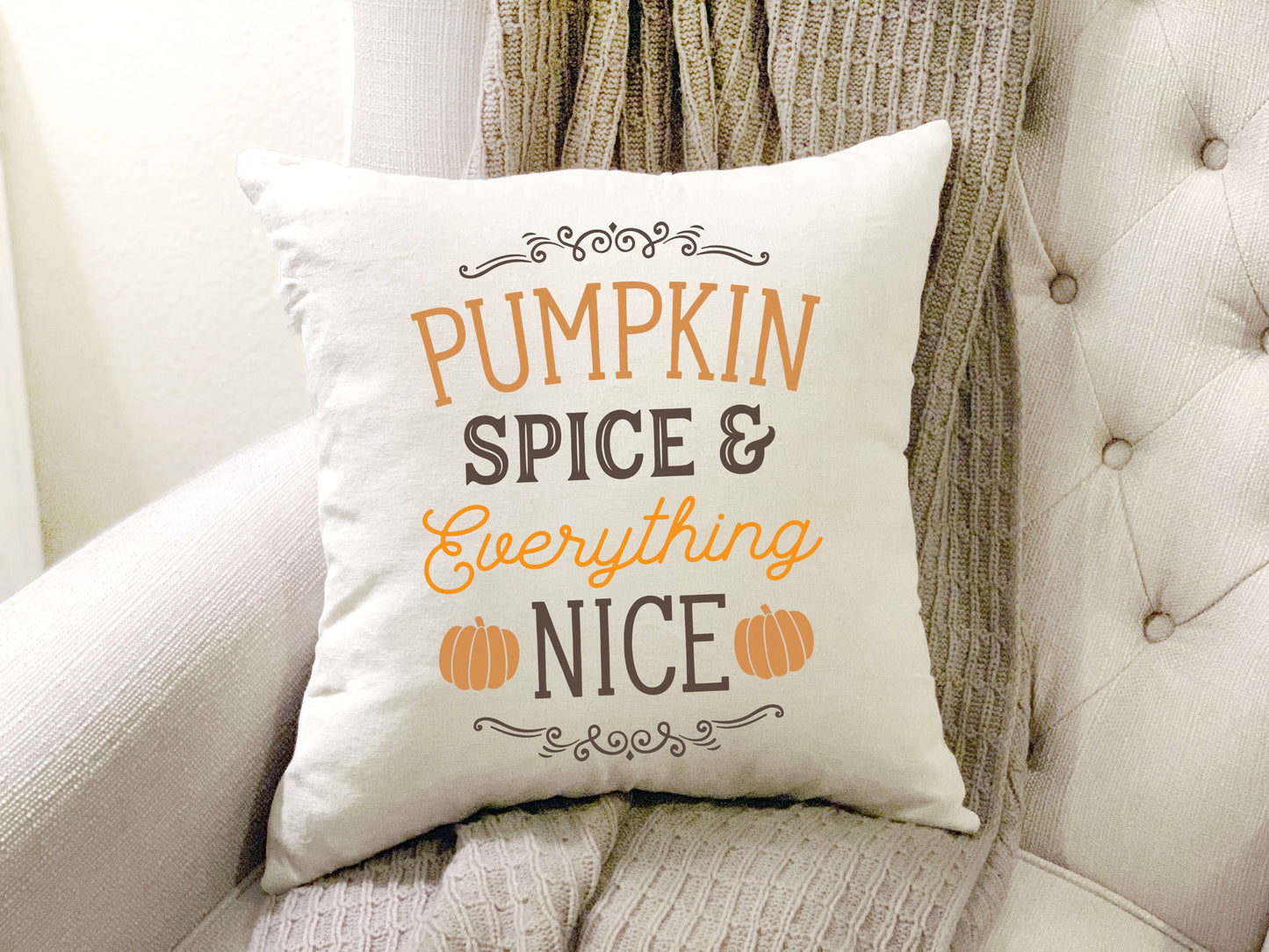 Pumpkin Spice Pillow Cover 18x18 inch with decorative text in cozy living room setting.
