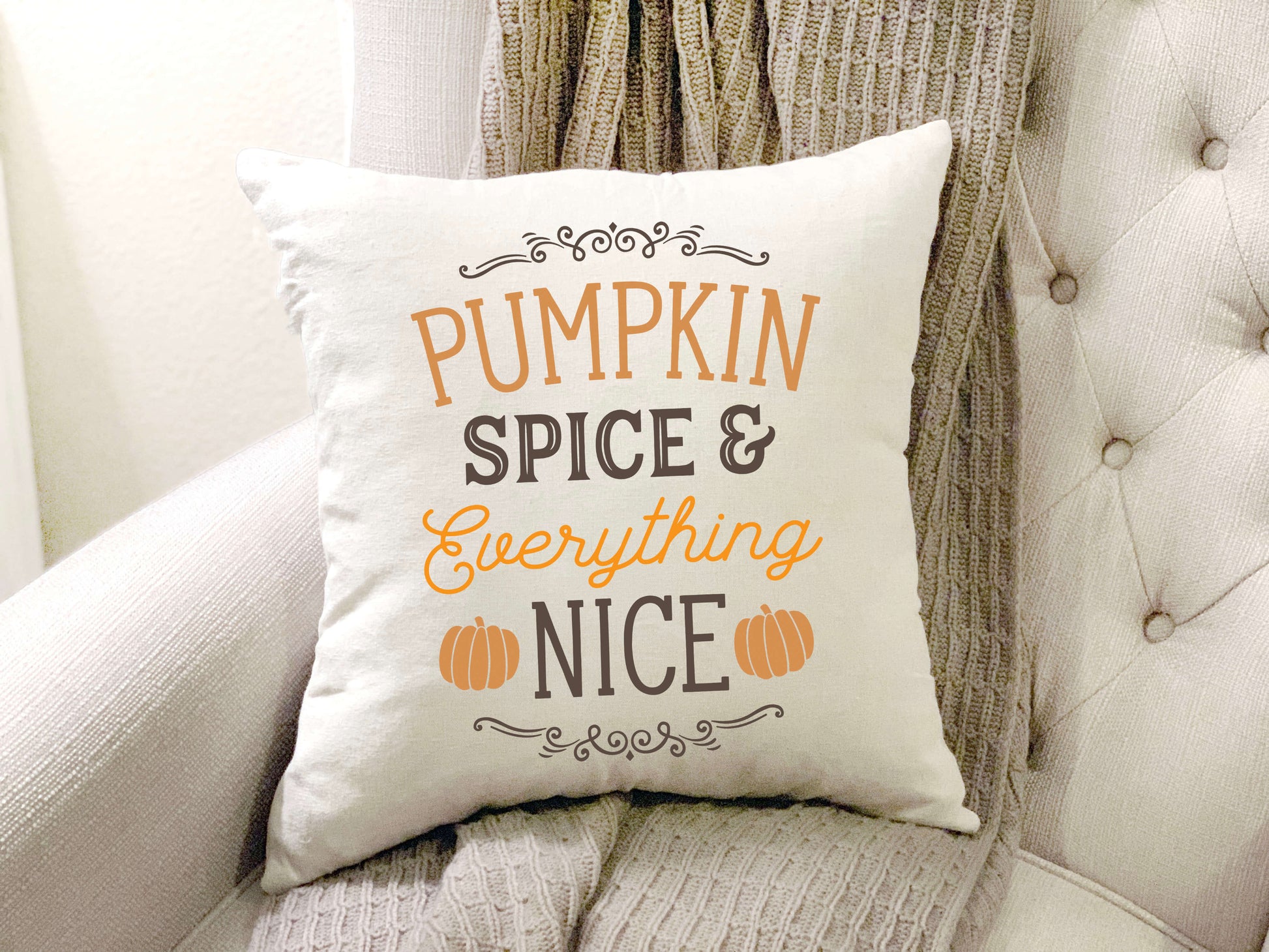 Pumpkin Spice Pillow Cover 18x18 inch with decorative text in cozy living room setting.