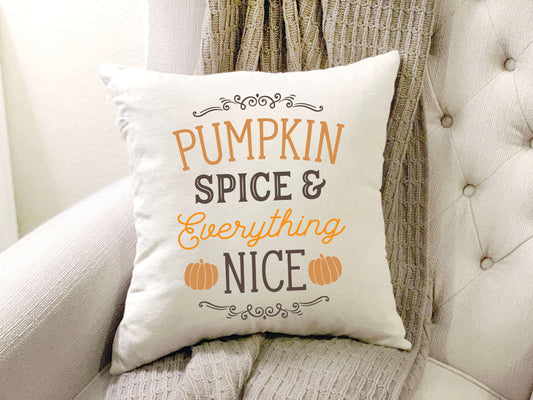 Pumpkin Spice Pillow Cover 18x18 inch with decorative text in cozy living room setting.