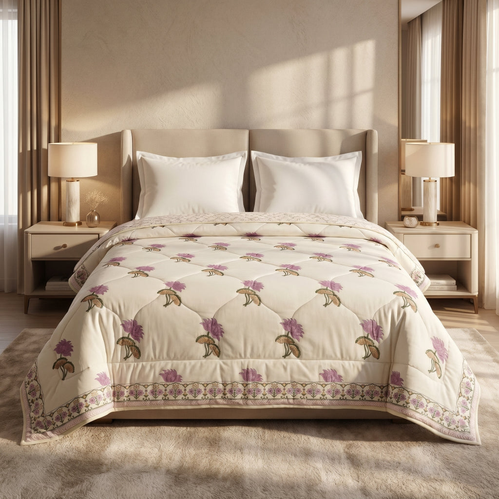 Cream & Mauve Floral Jaipur Hand Block Print Quilted Comforter