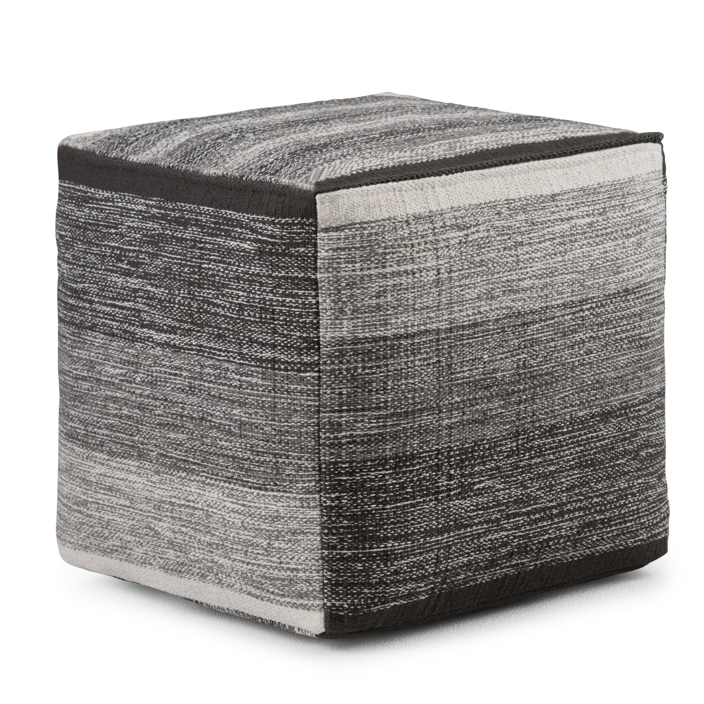Naya 16 Inch Wide Cube Pouf in Black/Grey Handwoven Cotton