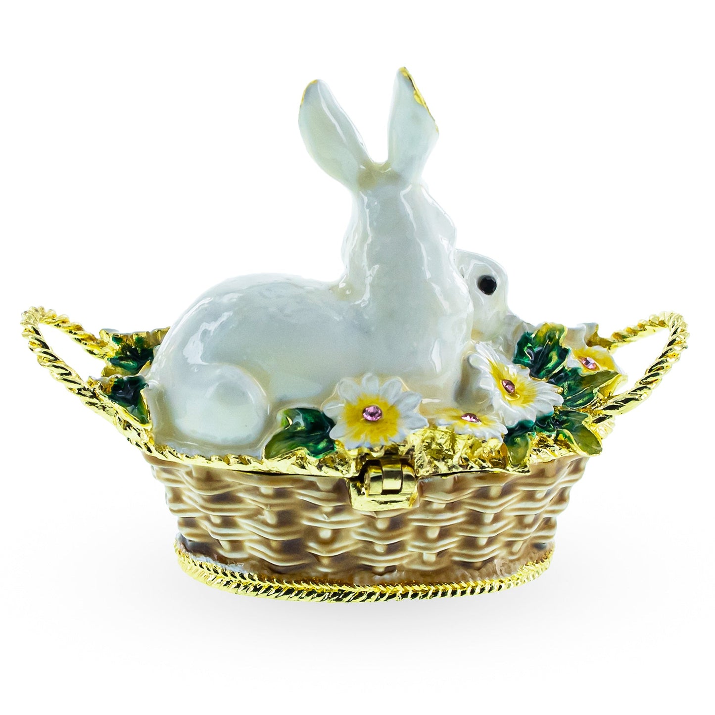 White Bunny Family in Easter Basket Trinket Box Figurine 2.5 Inches