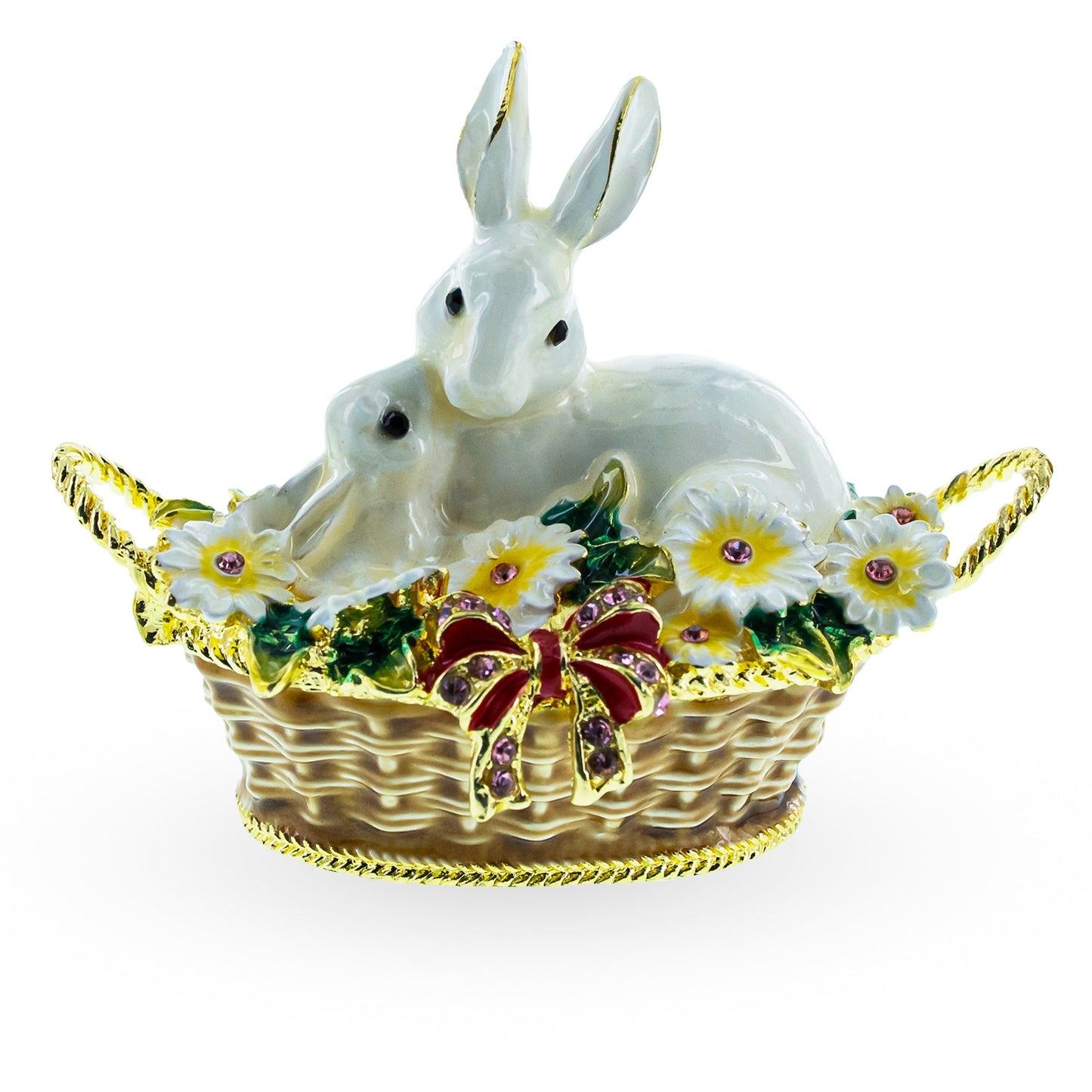 White Bunny Family in Easter Basket Trinket Box Figurine 2.5 Inches