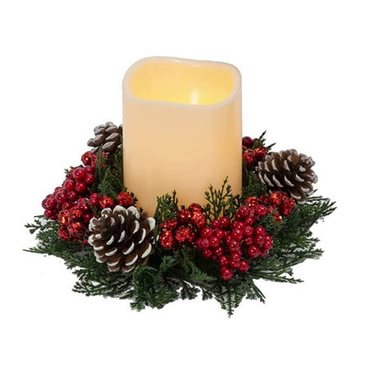 Christmas Candle with Red and Green Candle Ring - Pine & Red