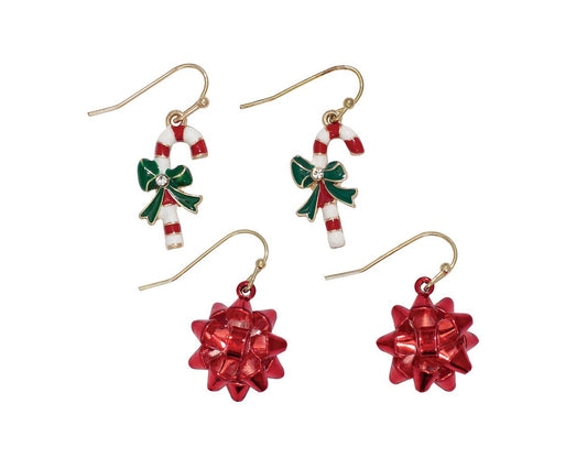 Enamel Candy Canes and Red Bows with Crystal Duo Earrings