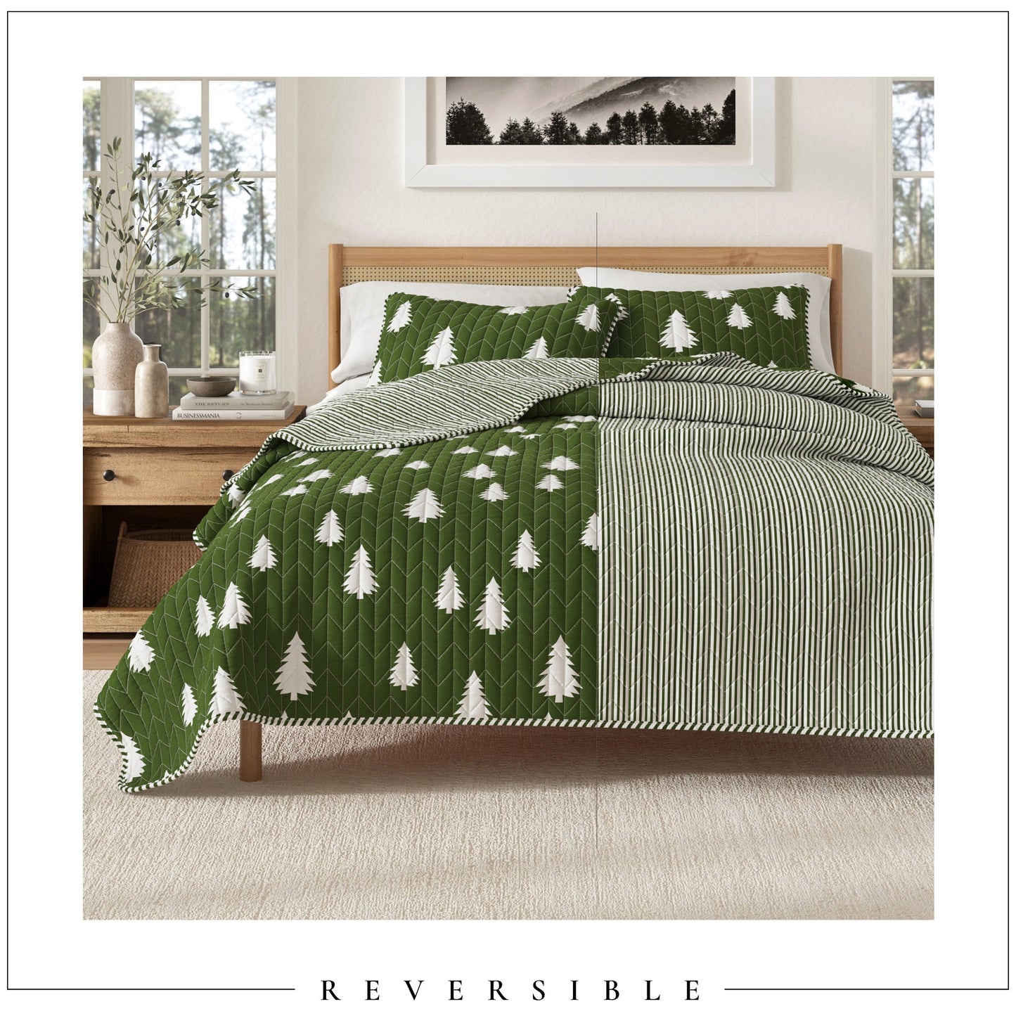 Green and white reversible bedspread on a bed in a bedroom setting.