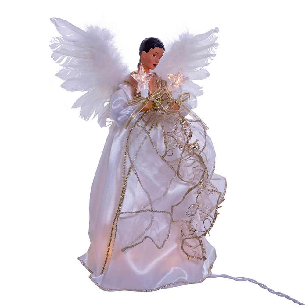 12" UL 10-Light Ivory and Gold African American Angel Treetop