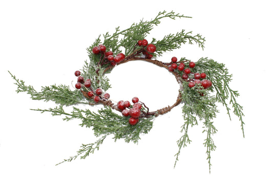 Frosted Faux Cedar Branch Candle Ring with Berries